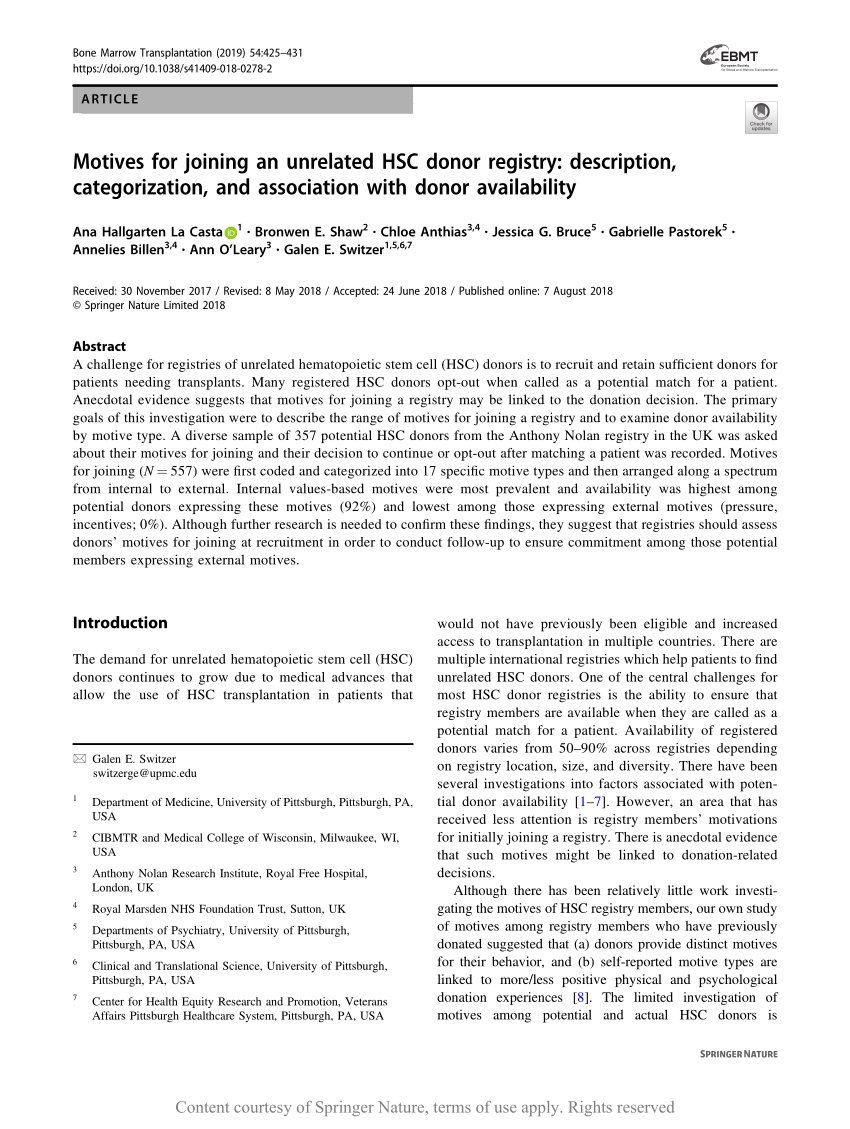 Motives For Joining An Unrelated Hsc Donor Registry Description Categorization And Association With Donor Availability Request Pdf