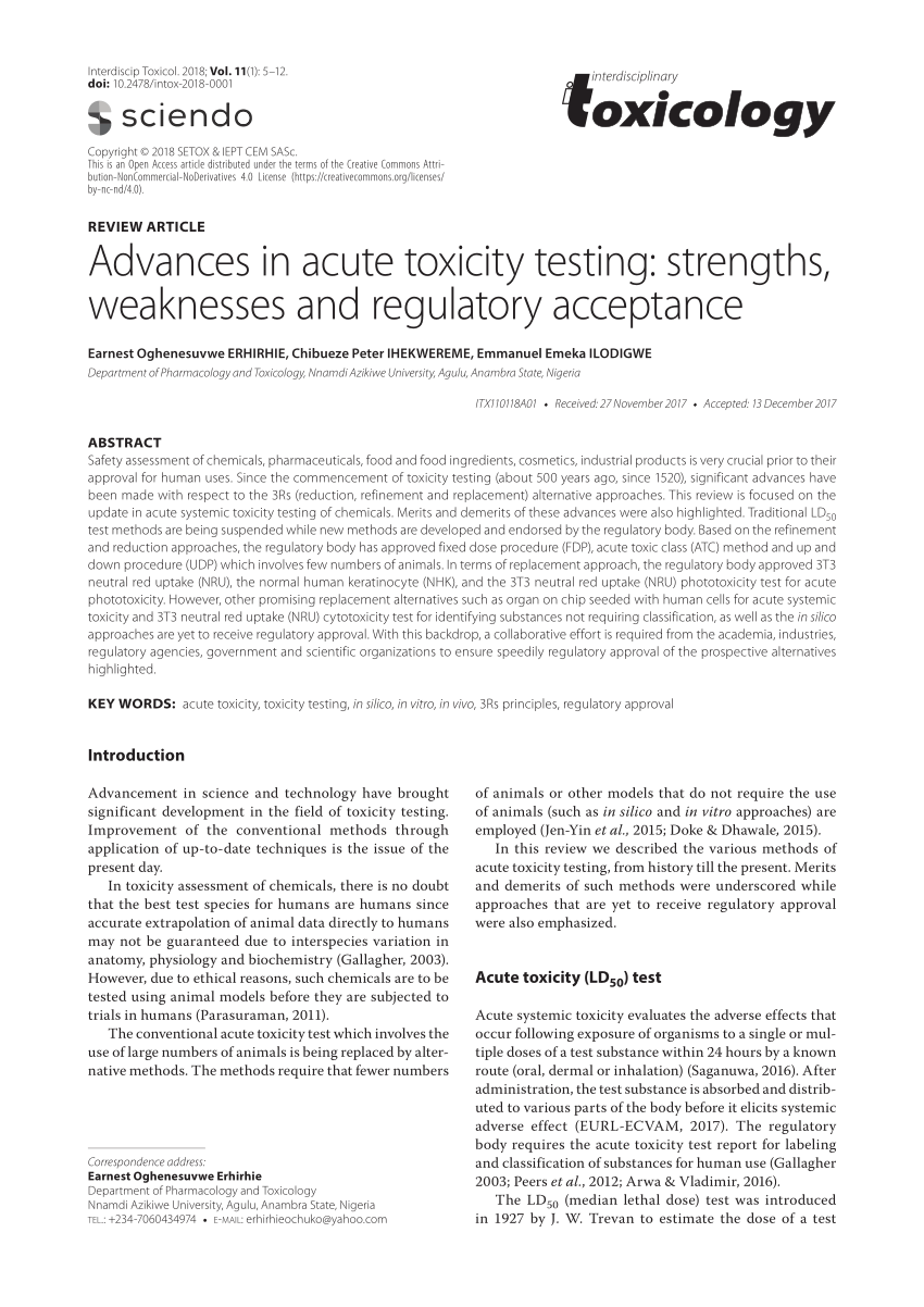 PDF) Advances in acute toxicity testing: Strengths, weaknesses and  regulatory acceptance