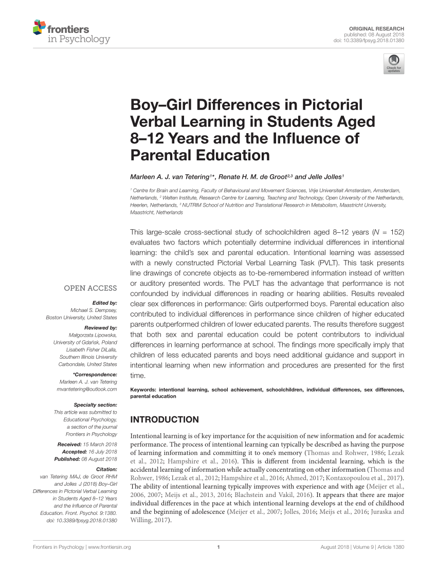 PDF) Boy–Girl Differences in Pictorial Verbal Learning in Students Aged 8–12  Years and the Influence of Parental Education