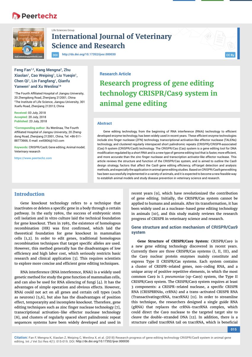 PDF) Research progress of gene editing technology CRISPR/Cas9 system in animal  gene editing