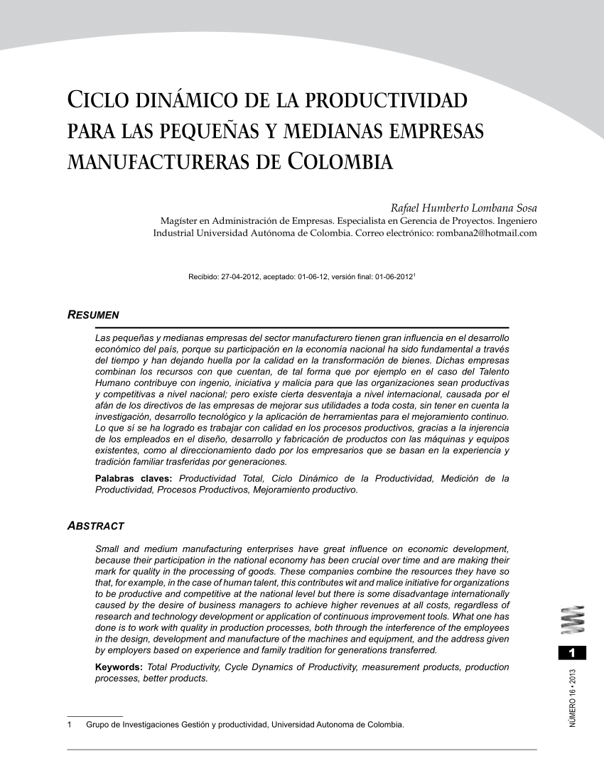 PDF) Ciclo dinámico de la productividad para las pequeñas y medianas  empresas manufactureras de Colombia