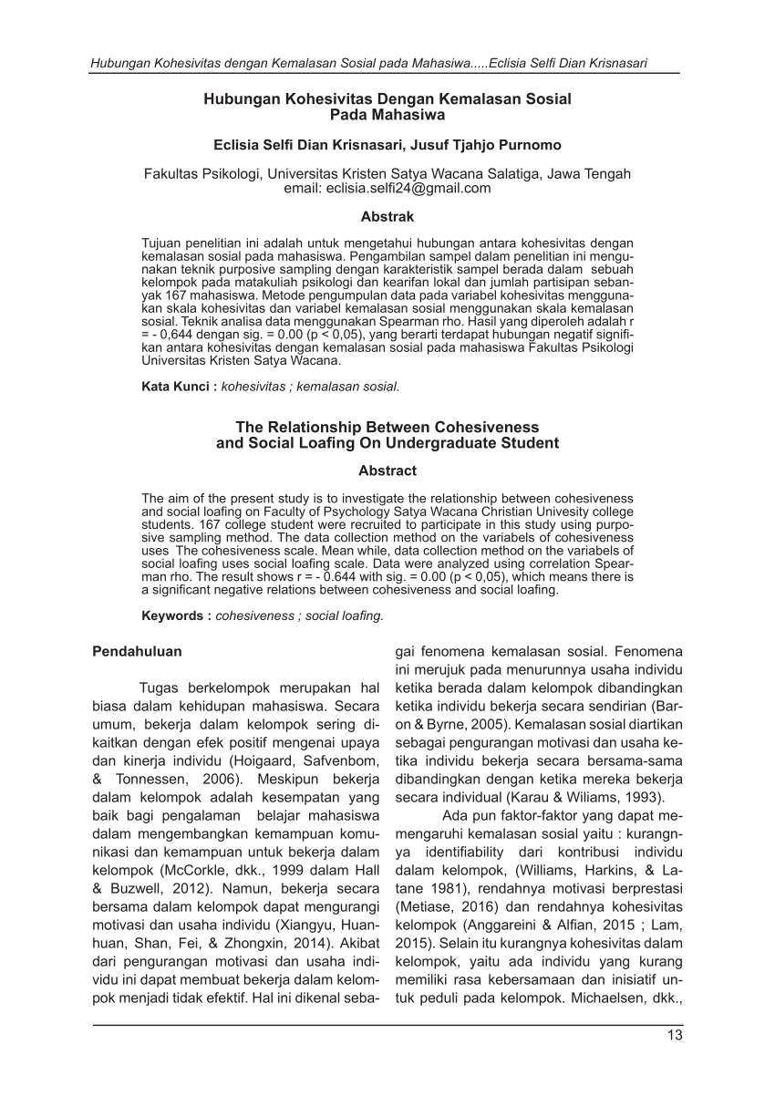 Pdf Hubungan Kohesivitas Dengan Kemalasan Sosial Pada Mahasiwa