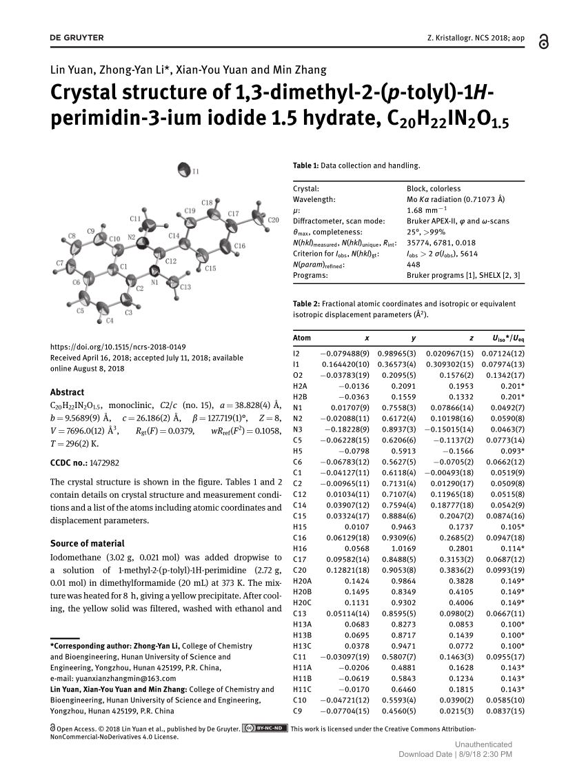 Pdf Crystal Structure Of 1 3 Dimethyl 2 P Tolyl 1h Perimidin 3 Ium Iodide 1 5 Hydrate Ch22in2o1 5