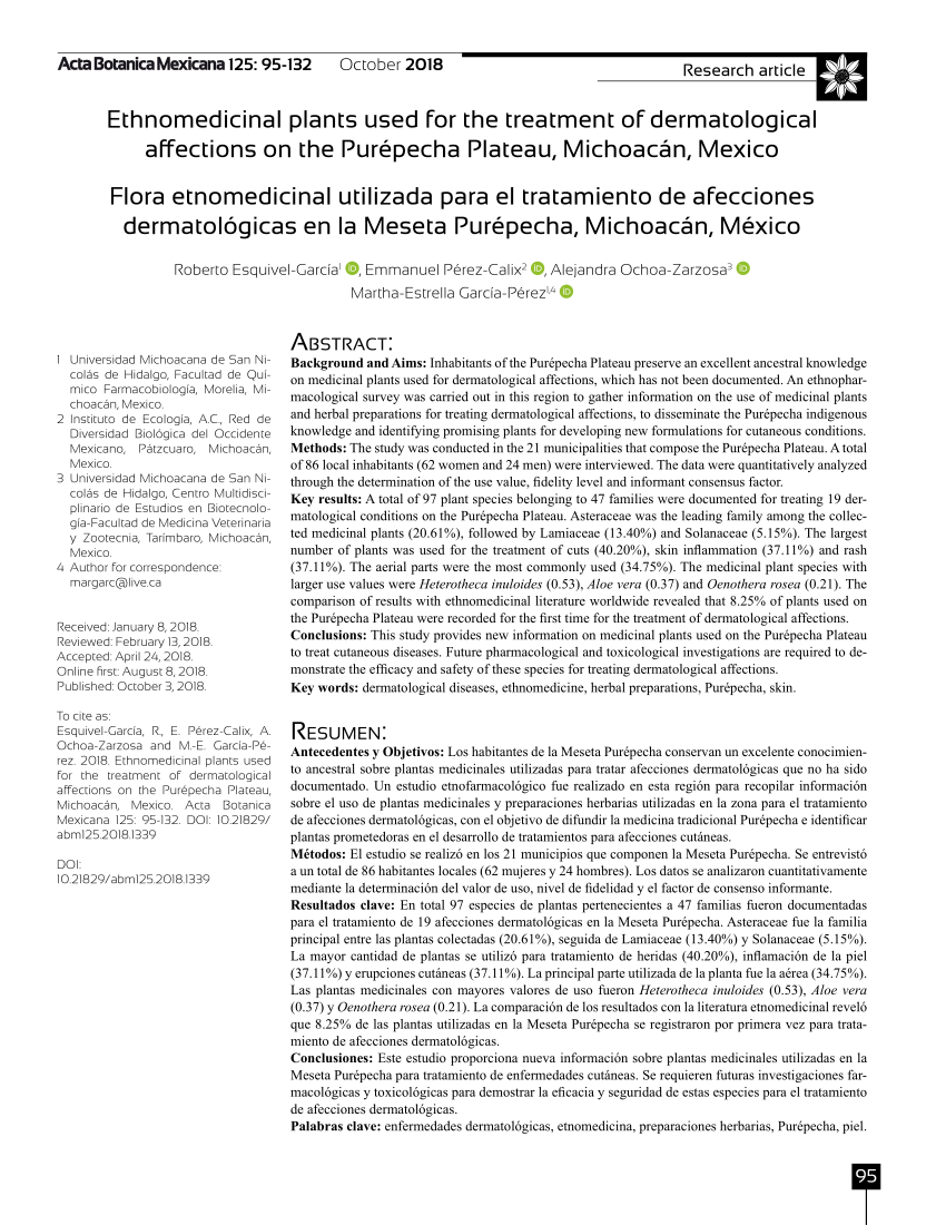 PDF) Ethnomedicinal plants used for the treatment of dermatological affections on the Purépecha Plateau, Michoacán, Mexico photo