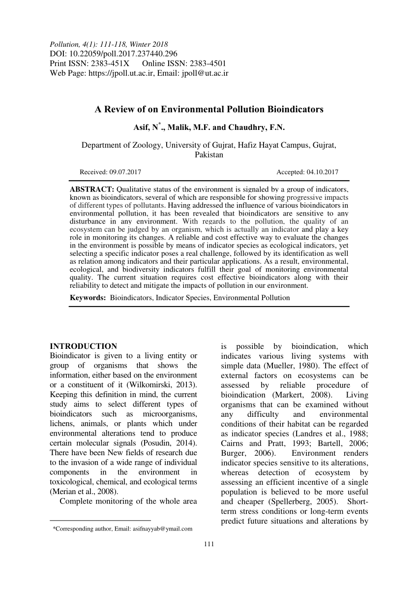 Pdf A Review Of On Environmental Pollution Bioindicators