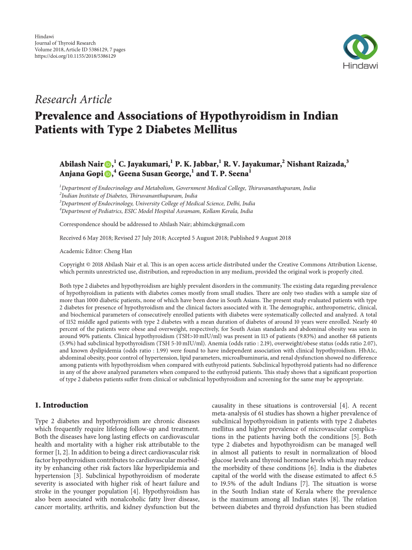 Pdf Prevalence And Associations Of Hypothyroidism In Indian Patients With Type 2 Diabetes Mellitus