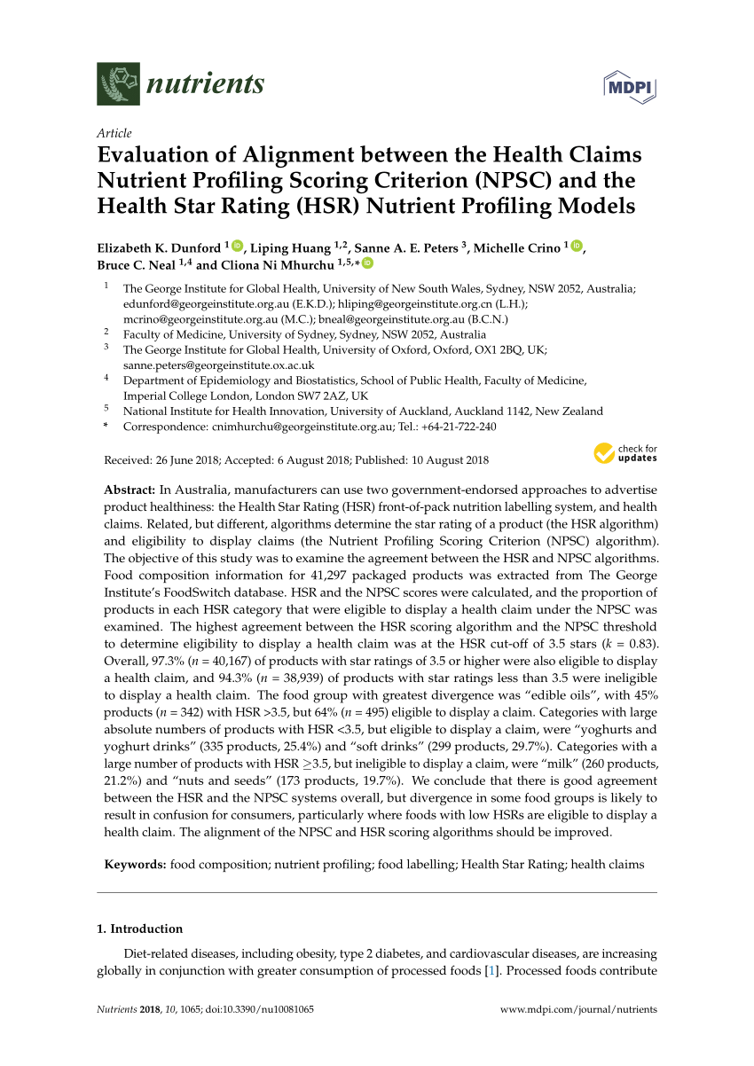 (PDF) Evaluation of Alignment between the Health Claims Nutrient Profiling  Scoring Criterion (NPSC) and the Health Star Rating (HSR) Nutrient  Profiling Models