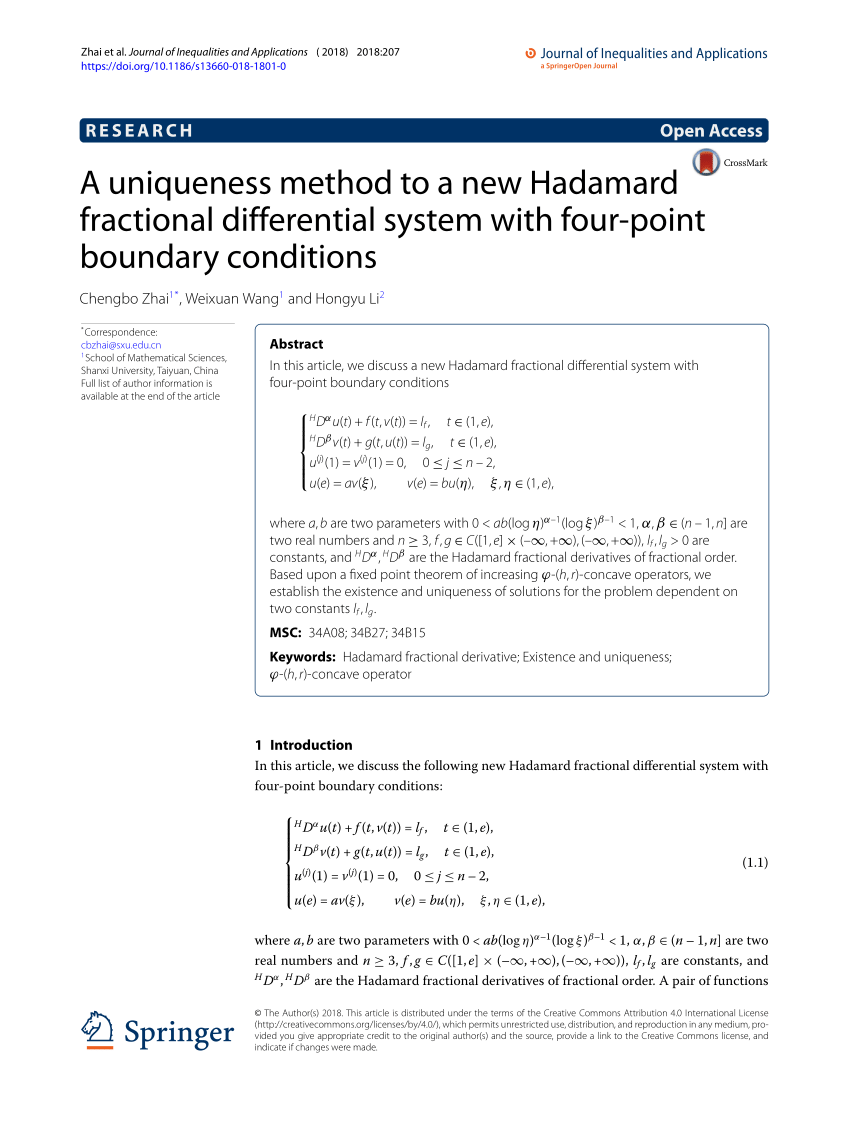Pdf A Uniqueness Method To A New Hadamard Fractional Differential System With Four Point Boundary Conditions