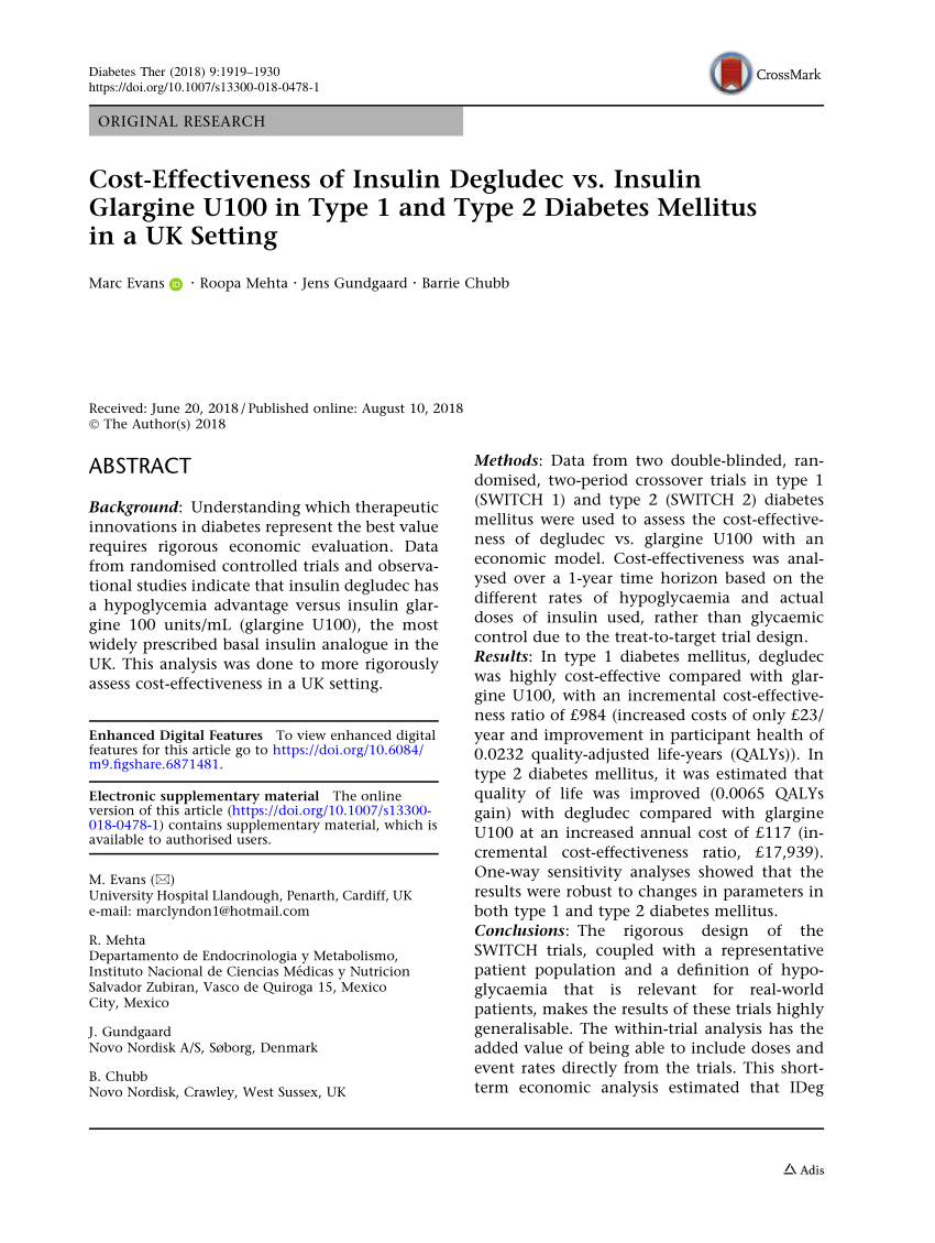 Delvis Vestlig dessert PDF) Cost-Effectiveness of Insulin Degludec vs. Insulin Glargine U100 in  Type 1 and Type 2 Diabetes Mellitus in a UK Setting