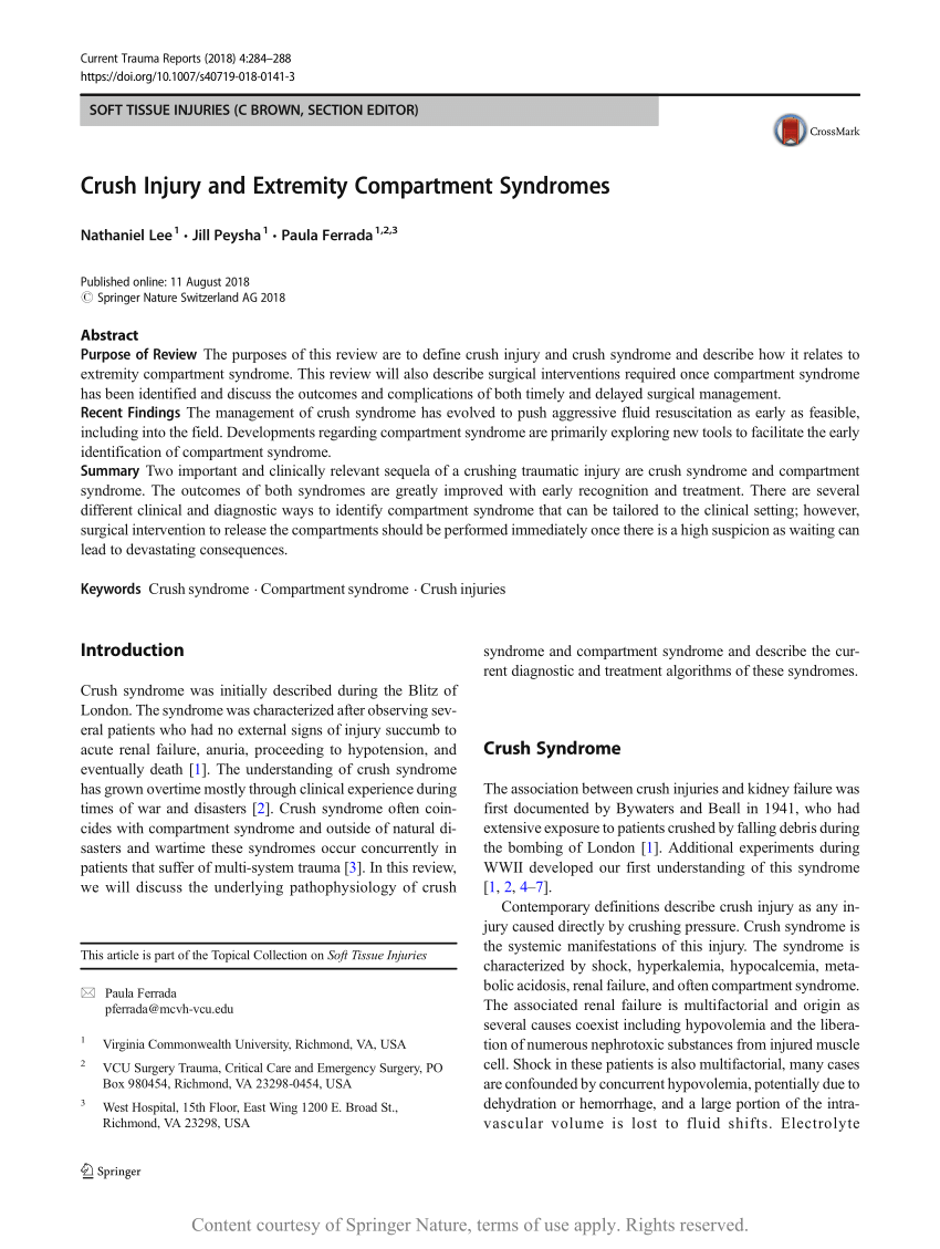 Crush Injury and Extremity Compartment Syndromes