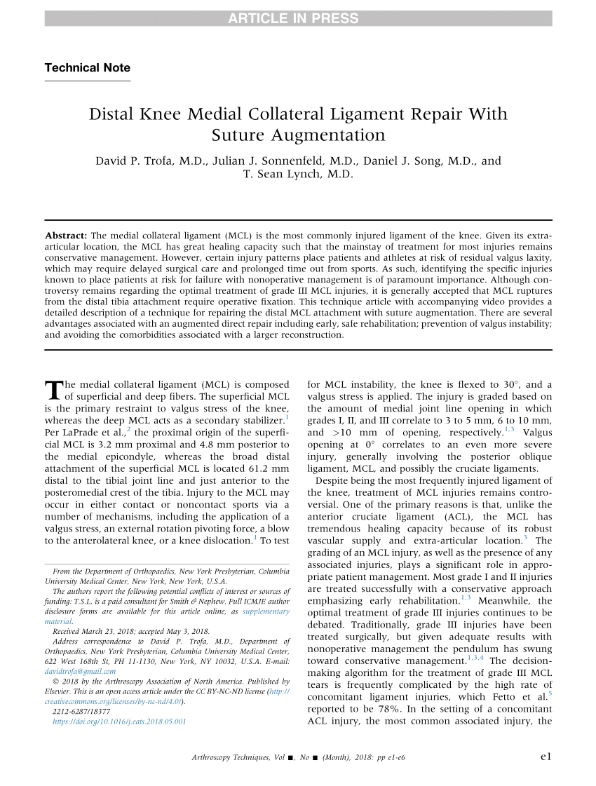 PDF) Distal Knee Medial Collateral Ligament Repair With Suture Augmentation