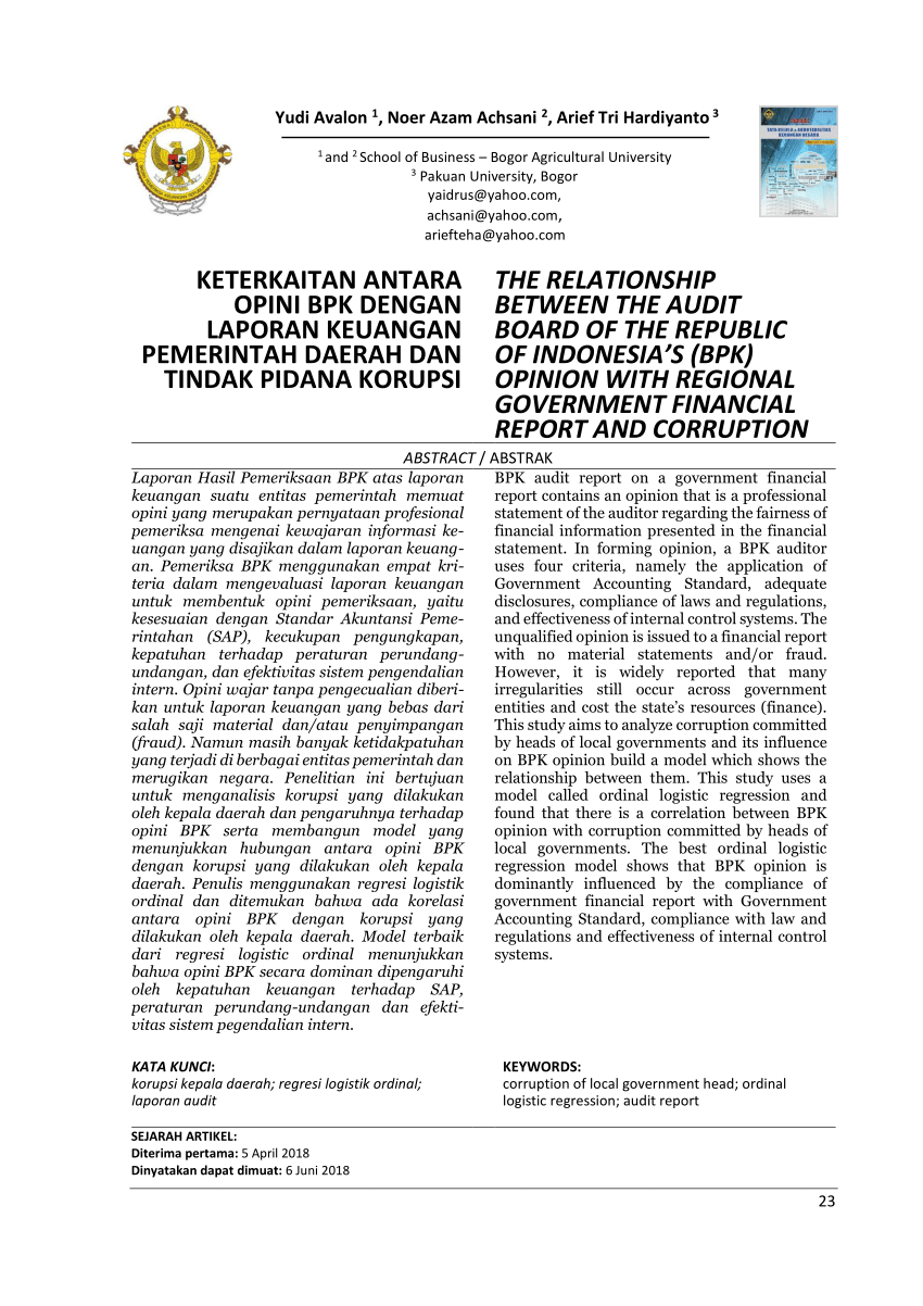 Pdf The Relationship Between The Audit Board Of The Republic Of Indonesiaa S Bpk Opinion With Regional Government Financial Report And Corruption