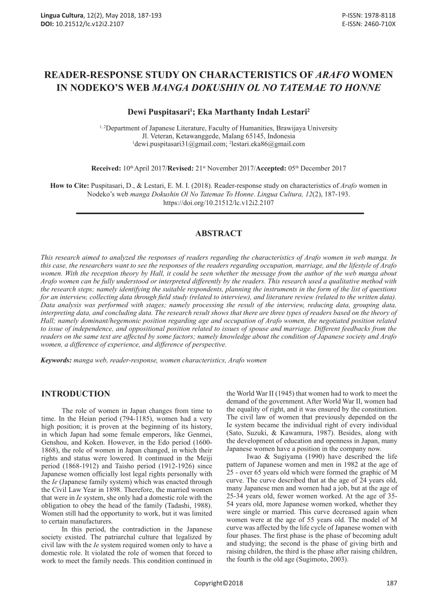 Pdf Reader Response Study On Characteristics Of Arafo Women In Nodeko S Web Manga Dokushin Ol No Tatemae To Honne