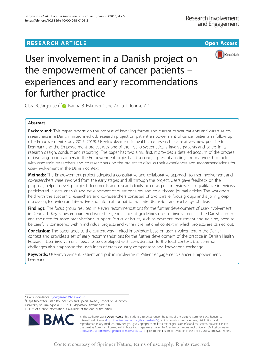 PDF) User involvement in a Danish project on the empowerment of cancer patients – and early recommendations further