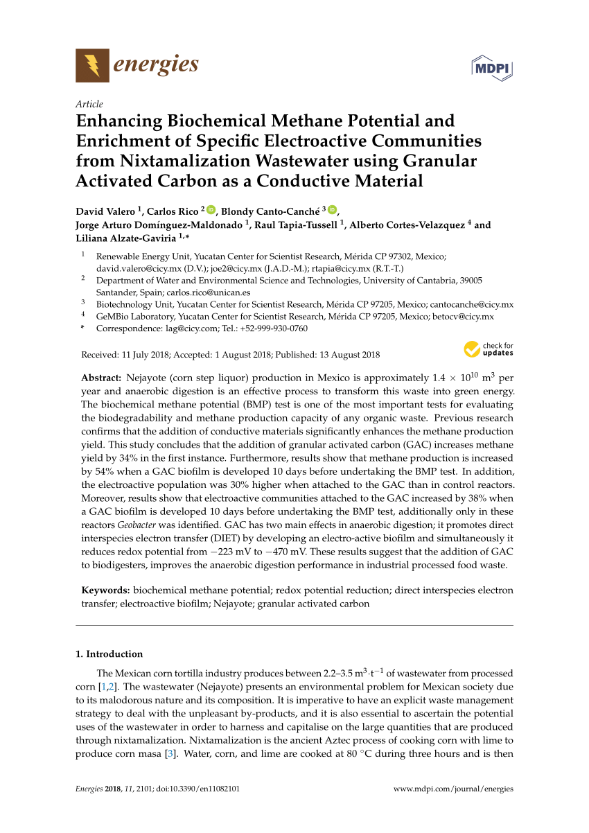Pdf Enhancing Biochemical Methane Potential And Enrichment Of Specific Electroactive Communities From Nixtamalization Wastewater Using Granular Activated Carbon As A Conductive Material