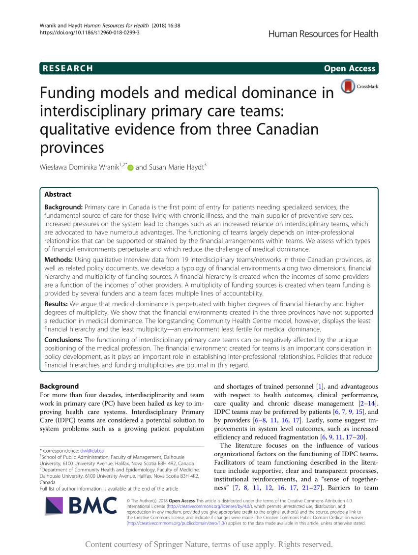 (PDF) Funding models and medical dominance in interdisciplinary