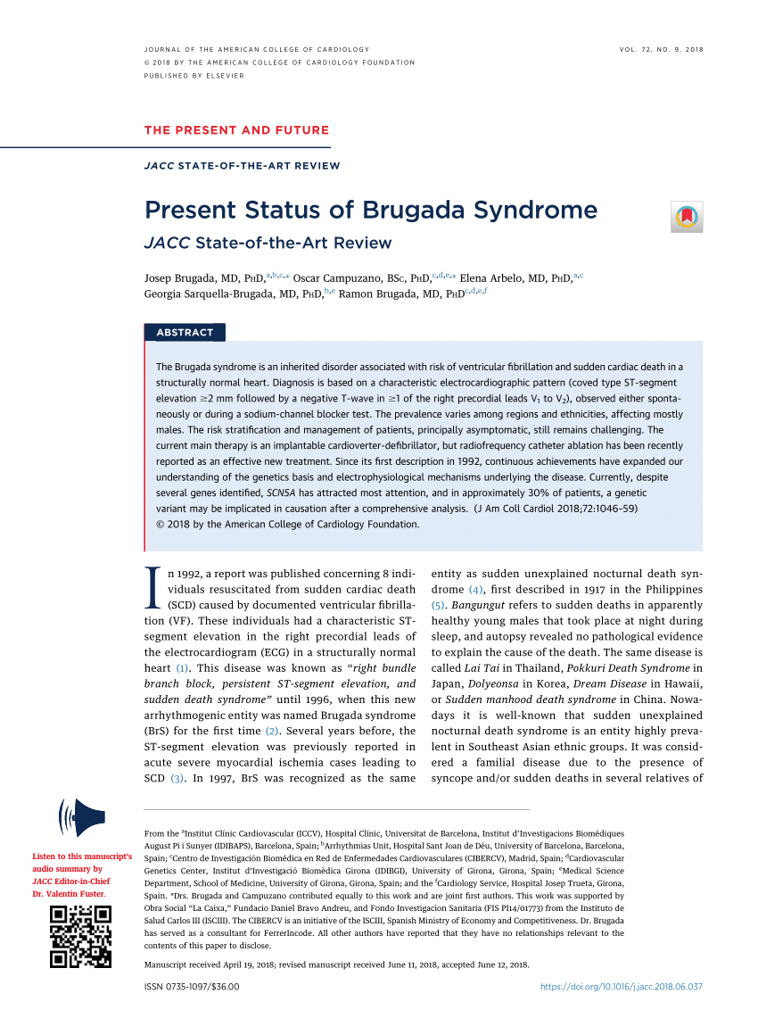 Pdf Present Status Of Brugada Syndrome Jacc State Of The Art Review