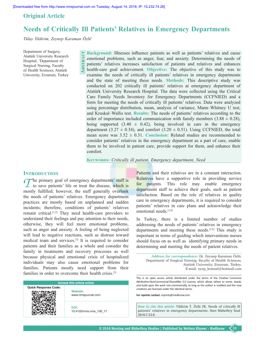 Pdf Needs Of Critically Ill Patients Relatives In Emergency Departments