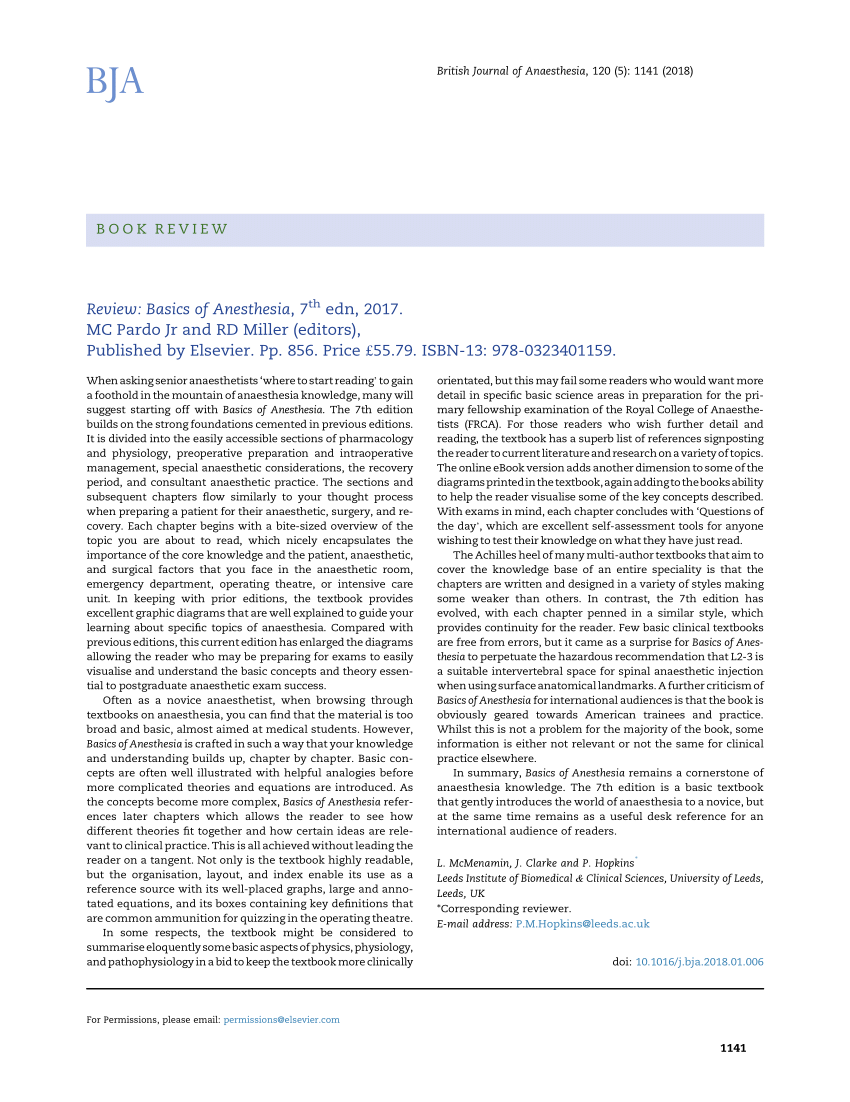 PDF) Review: Basics of Anesthesia, 7th edn, 2017.