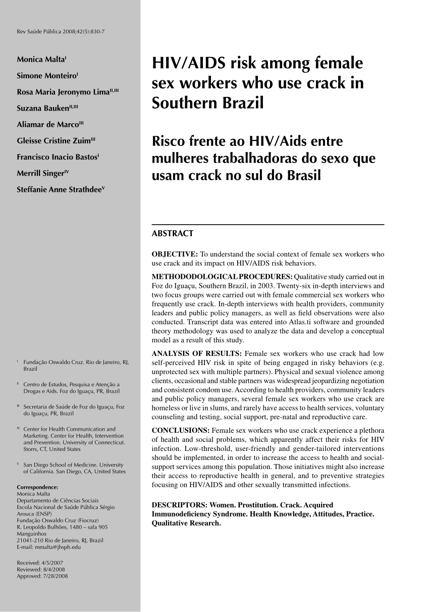 Pdf Hivaids Risk Among Female Sex Workers Who Use Crack In Southern Brazil 