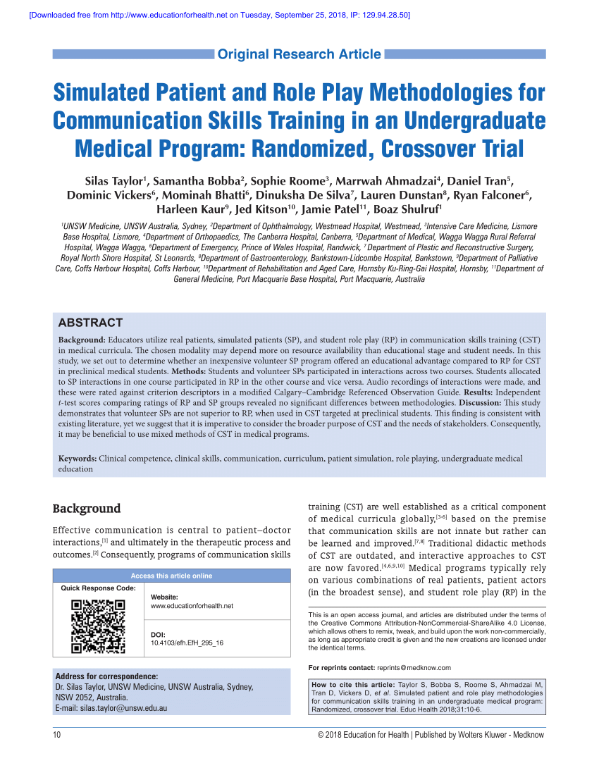 Pdf Simulated Patient And Role Play Methodologies For Communication Skills Training In An Undergraduate Medical Program Randomized Crossover Trial
