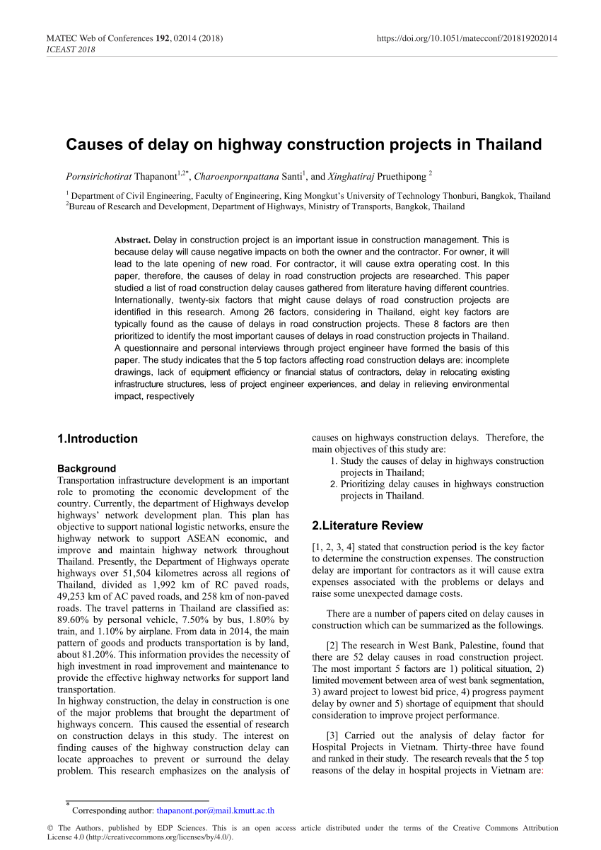 Pdf Causes Of Delay On Highway Construction Projects In Thailand