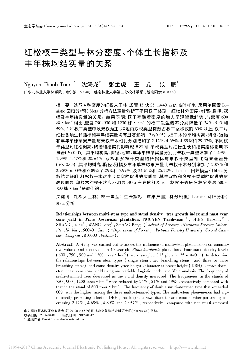 Pdf Relationships Between Multi Stem Type And Stand Density Tree Growth Index And Mast Year Cone Yield In Pinus Koraiensis Plantation