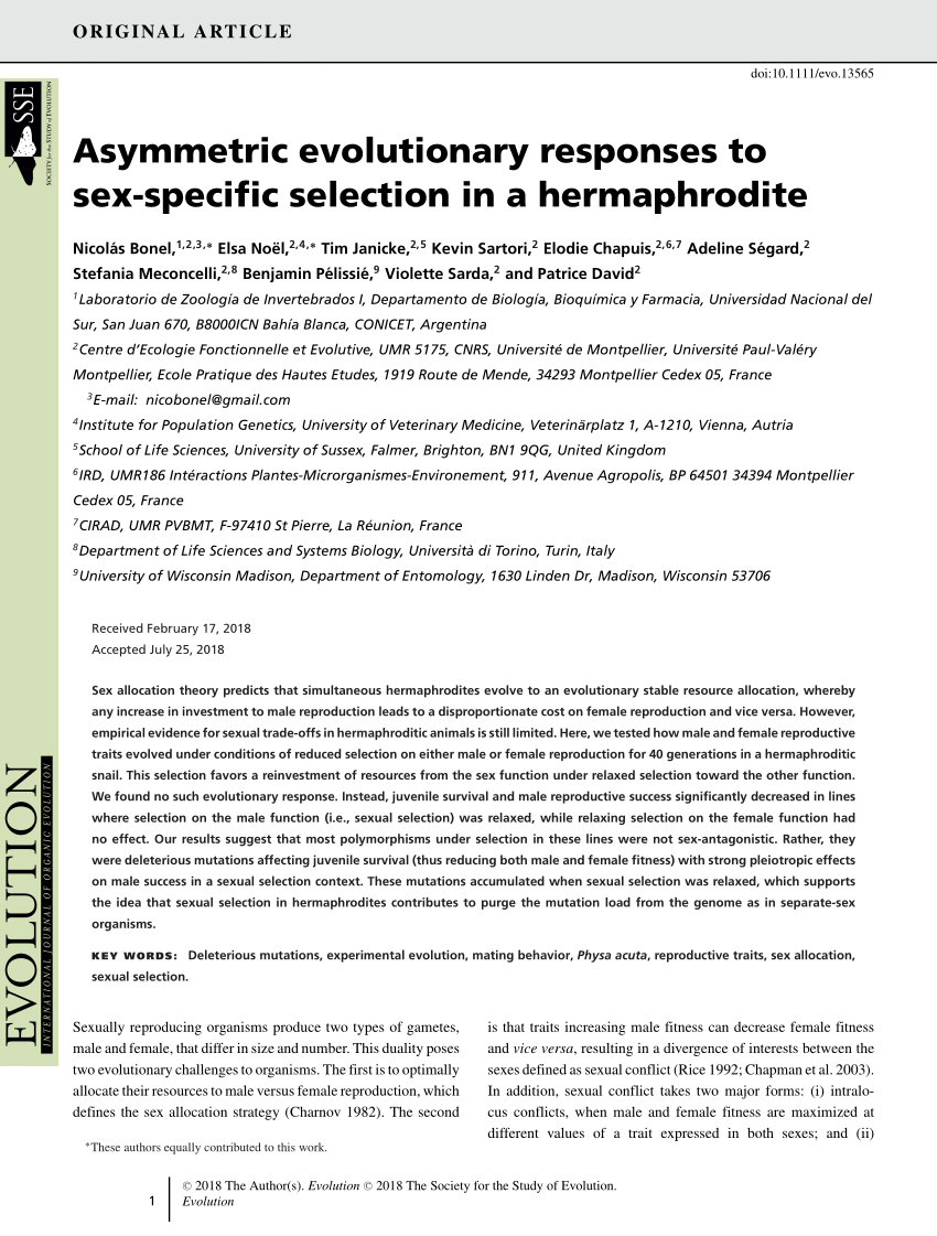 Pdf Asymmetric Evolutionary Responses To Sex Specific Selection In A Hermaphrodite 1908