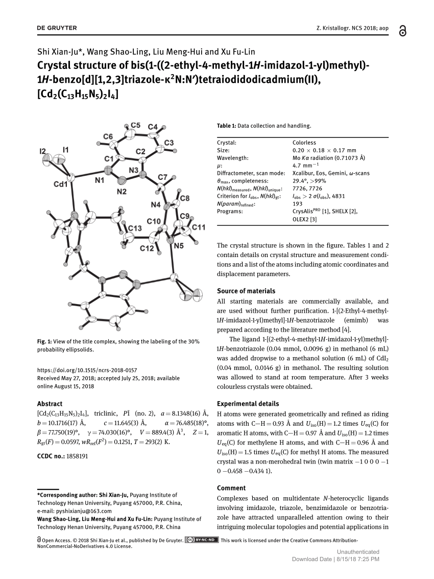 Pdf Crystal Structure Of Bis 1 2 Ethyl 4 Methyl 1h Imidazol 1 Yl Methyl 1h Benzo D 1 2 3 Triazole K2n N Tetraiodidodicadmium Ii Cd2 C13h15n5 2i4