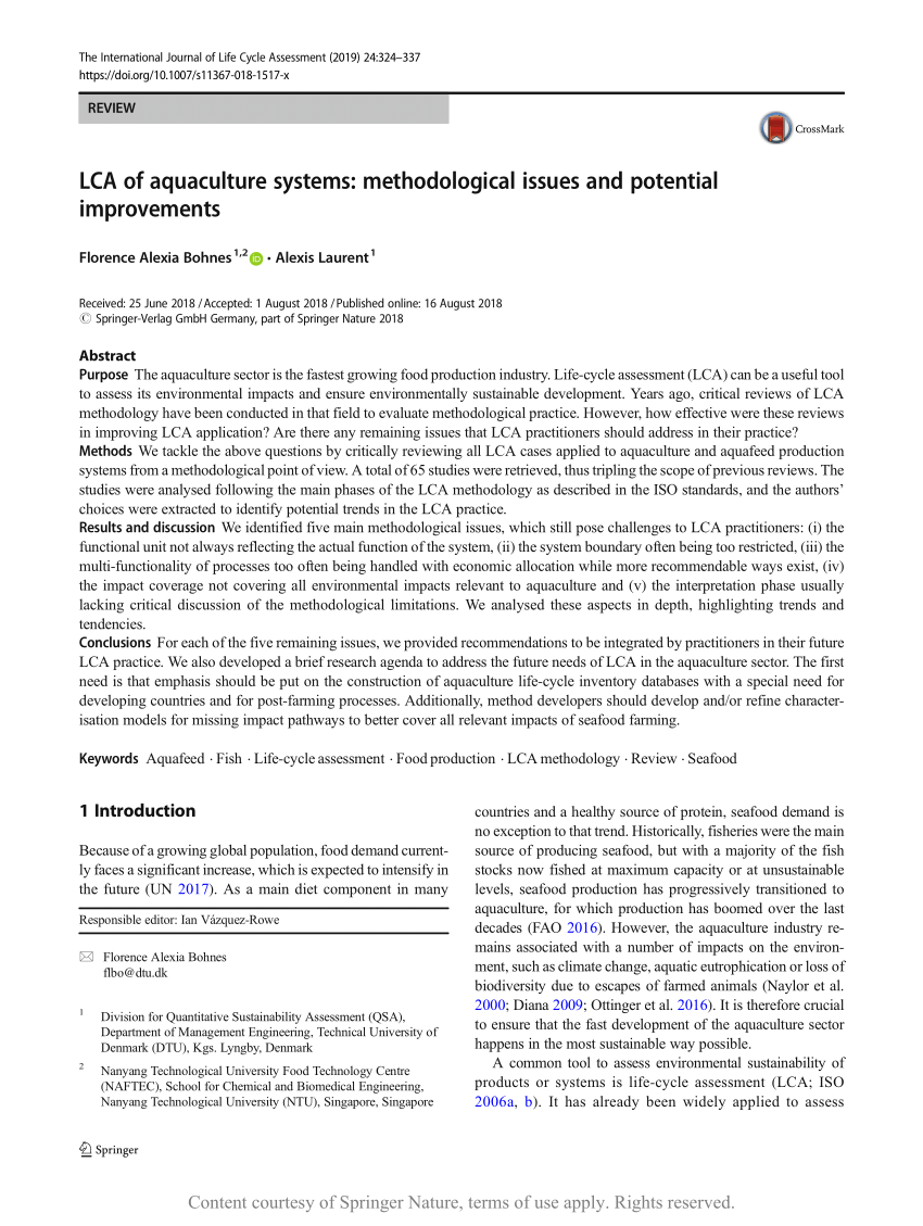 Lca Of Aquaculture Systems Methodological Issues And Potential Improvements Request Pdf