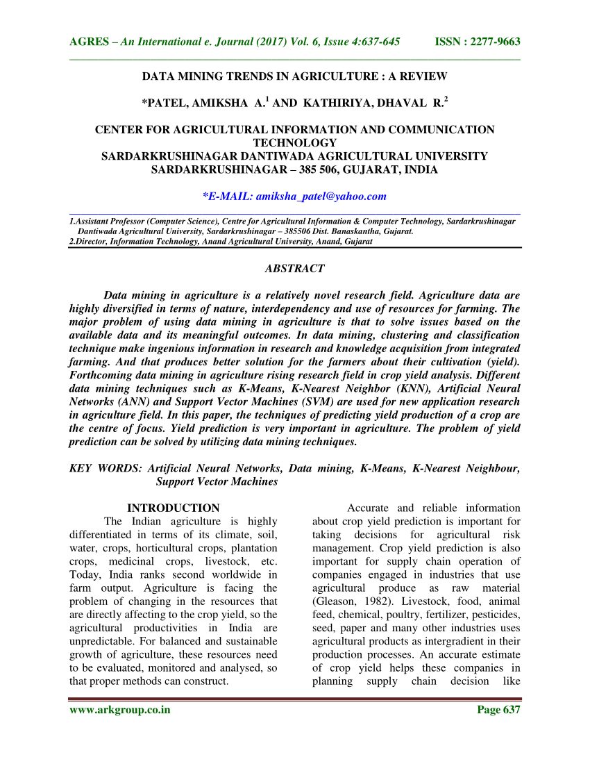 data mining in agriculture research papers 2020