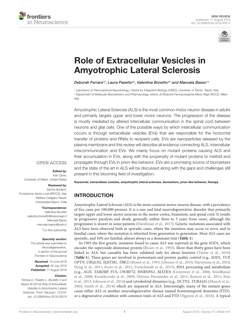 Pdf Role Of Extracellular Vesicles In Amyotrophic Lateral Sclerosis