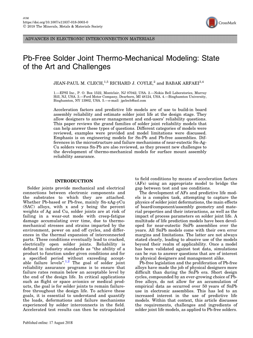 Pdf Pb Free Solder Joint Thermo Mechanical Modeling State Of The Art And Challenges