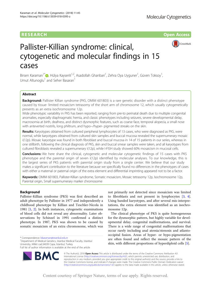 Pdf Pallister Killian Syndrome Clinical Cytogenetic And Molecular Findings In 15 Cases