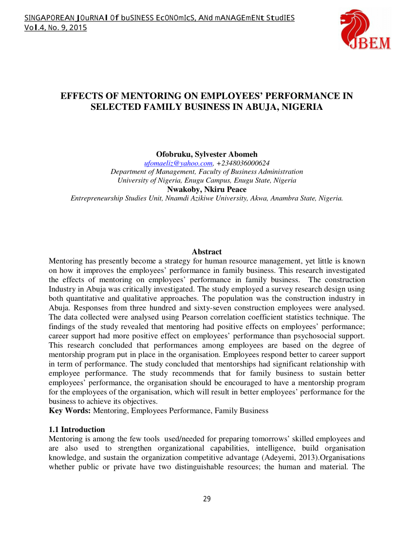 Pdf Effects Of Mentoring On Employees Performance In Selected