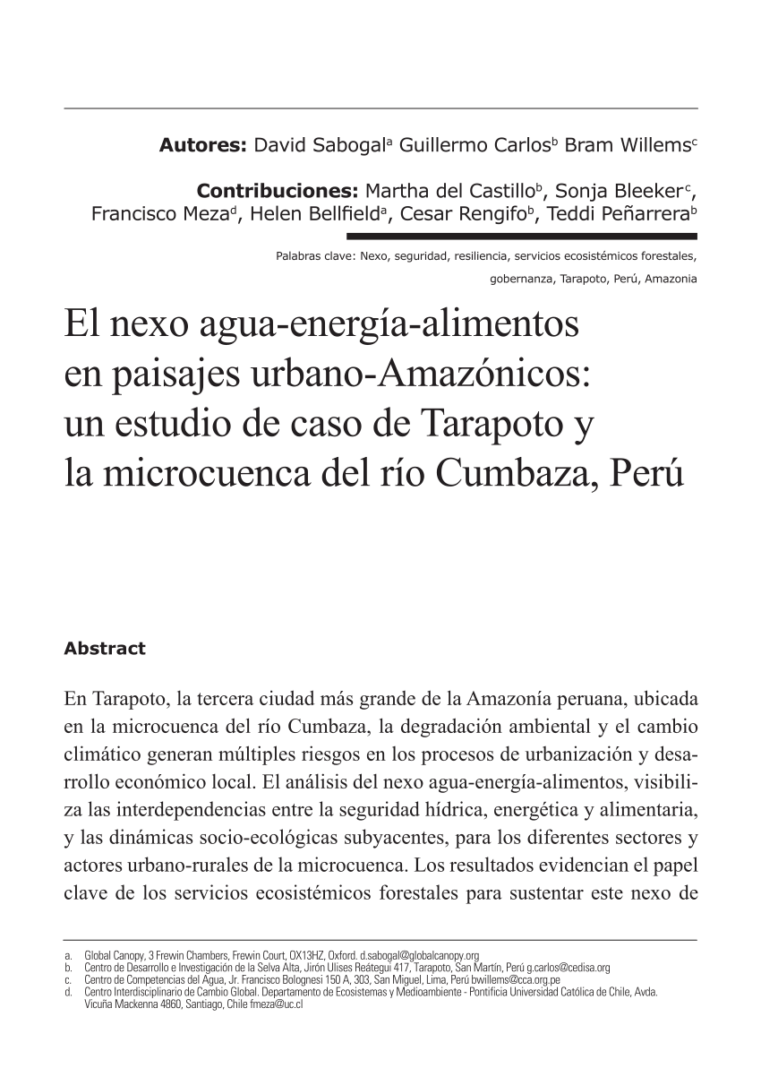 PDF) El nexo agua-energía-alimentos en paisajes urbano-Amazónicos: un  estudio de caso de Tarapoto y la microcuenca del río Cumbaza, Perú