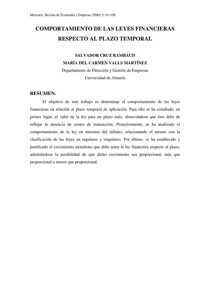 Pdf Comportamiento De Las Leyes Financieras Respecto Al Plazo Temporal