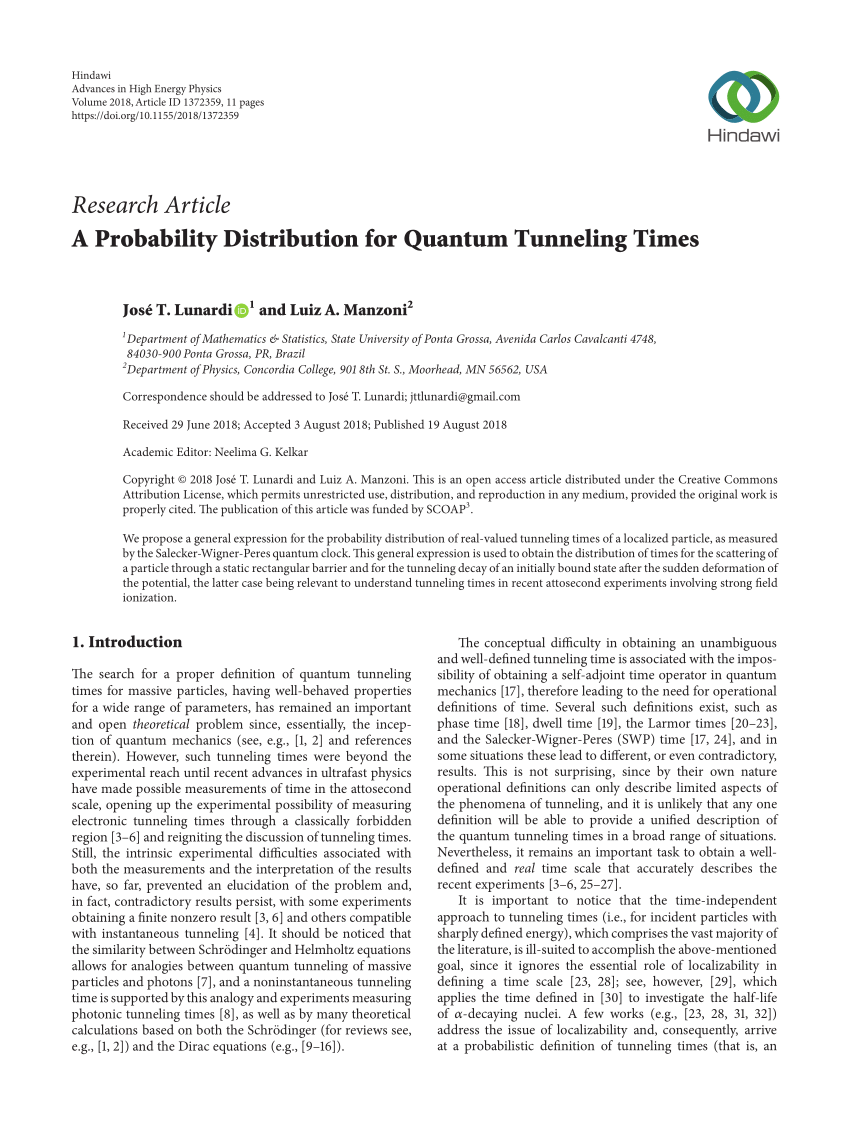 Pdf A Probability Distribution For Quantum Tunneling Times