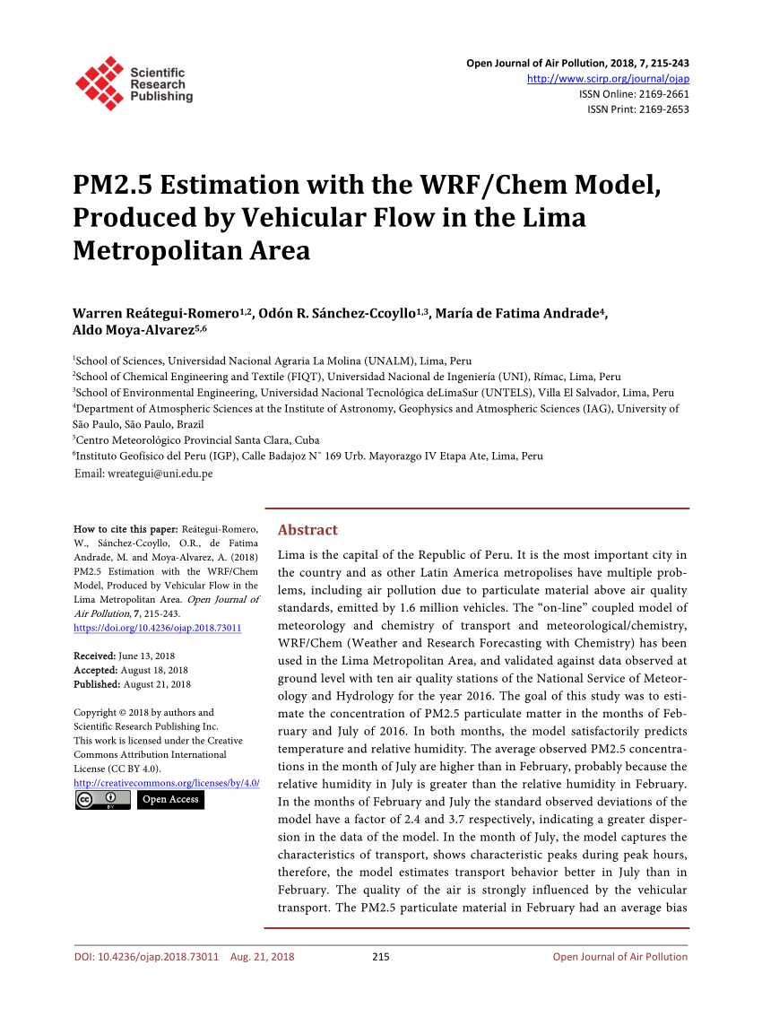 Pdf Pm2 5 Estimation With The Wrf Chem Model Produced By Vehicular Flow In The Lima Metropolitan Area