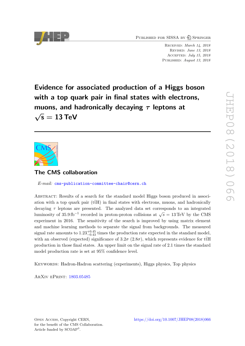 PDF) Evidence for associated production of a Higgs boson with a ...
