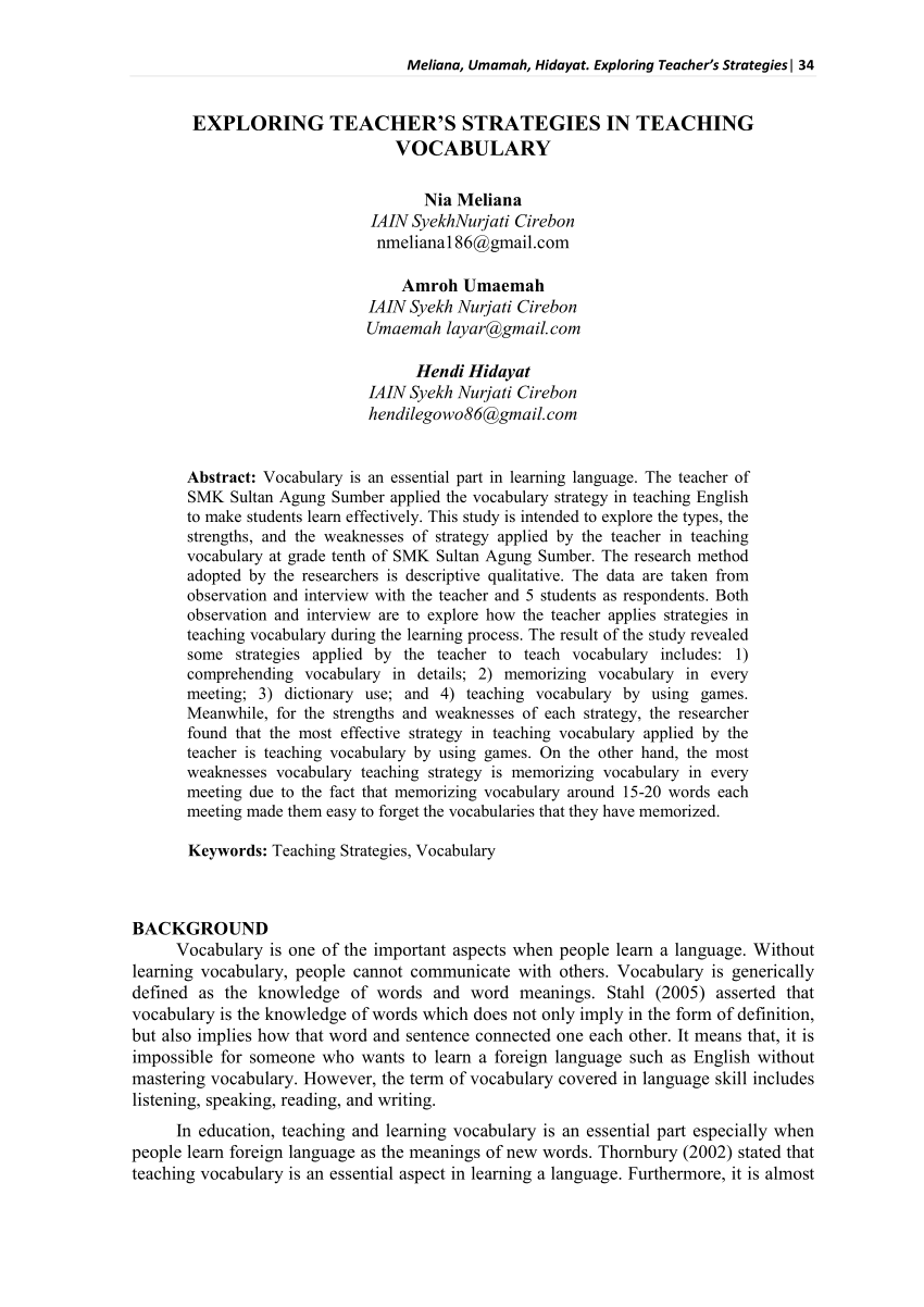 PDF) EXPLORING TEACHER'S STRATEGIES IN TEACHING VOCABULARY at