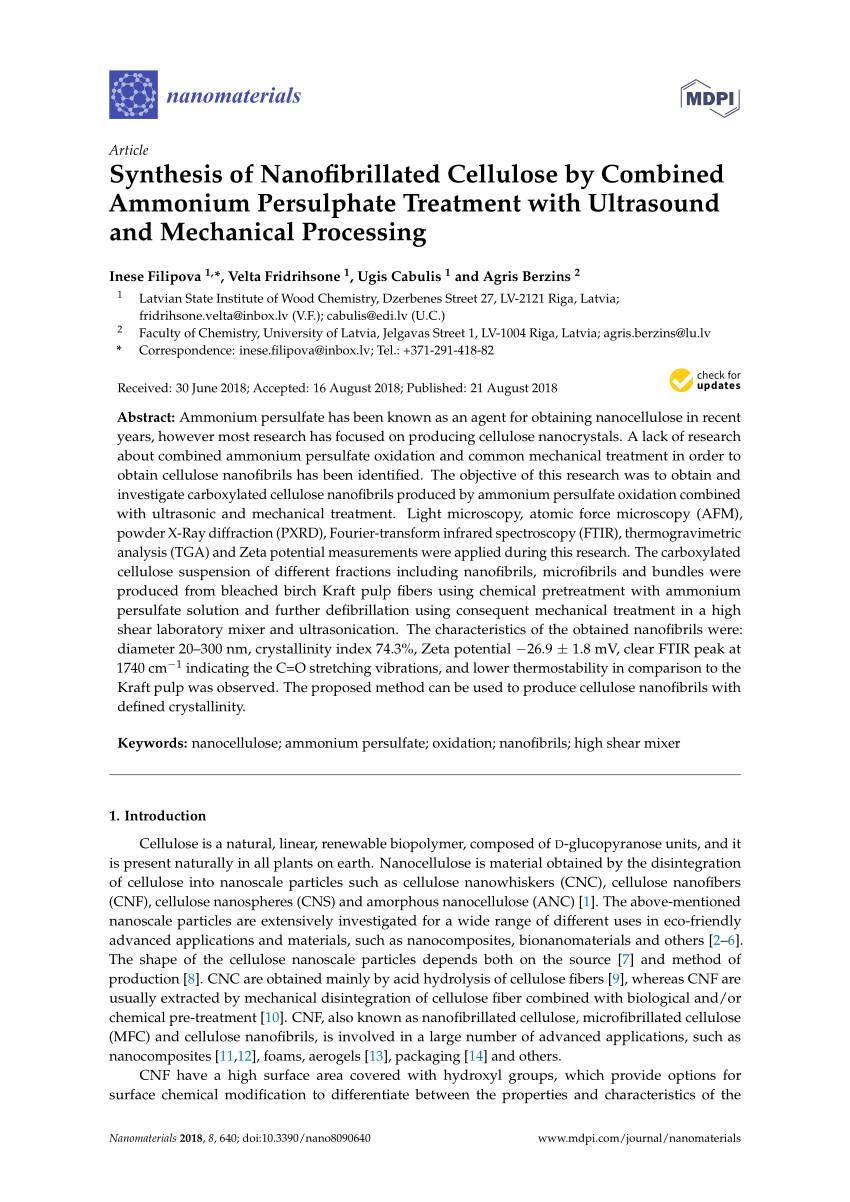 Pdf Synthesis Of Nanofibrillated Cellulose By Combined Ammonium Persulphate Treatment With Ultrasound And Mechanical Processing