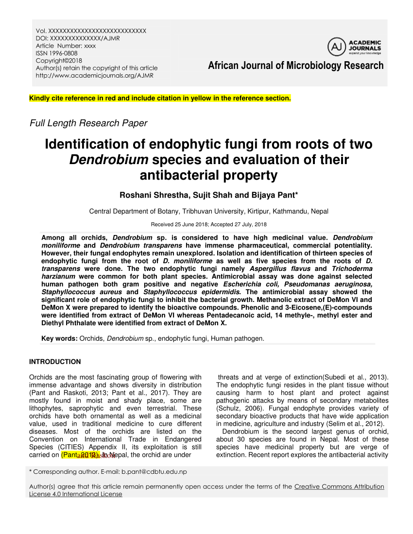 (PDF) Identification of endophytic fungi from roots of two Dendrobium ...