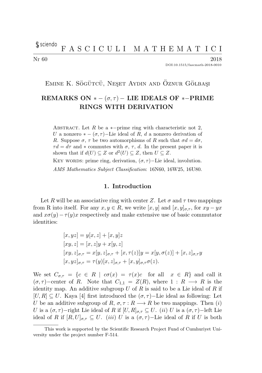Pdf Remarks On S T Lie Ideals Of Prime Rings With Derivation