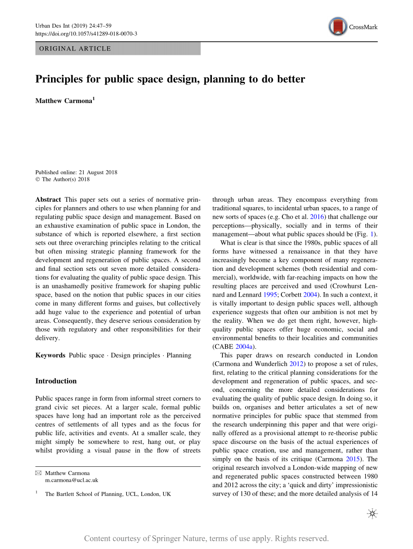 Pdf Principles For Public Space Design Planning To Do Better
