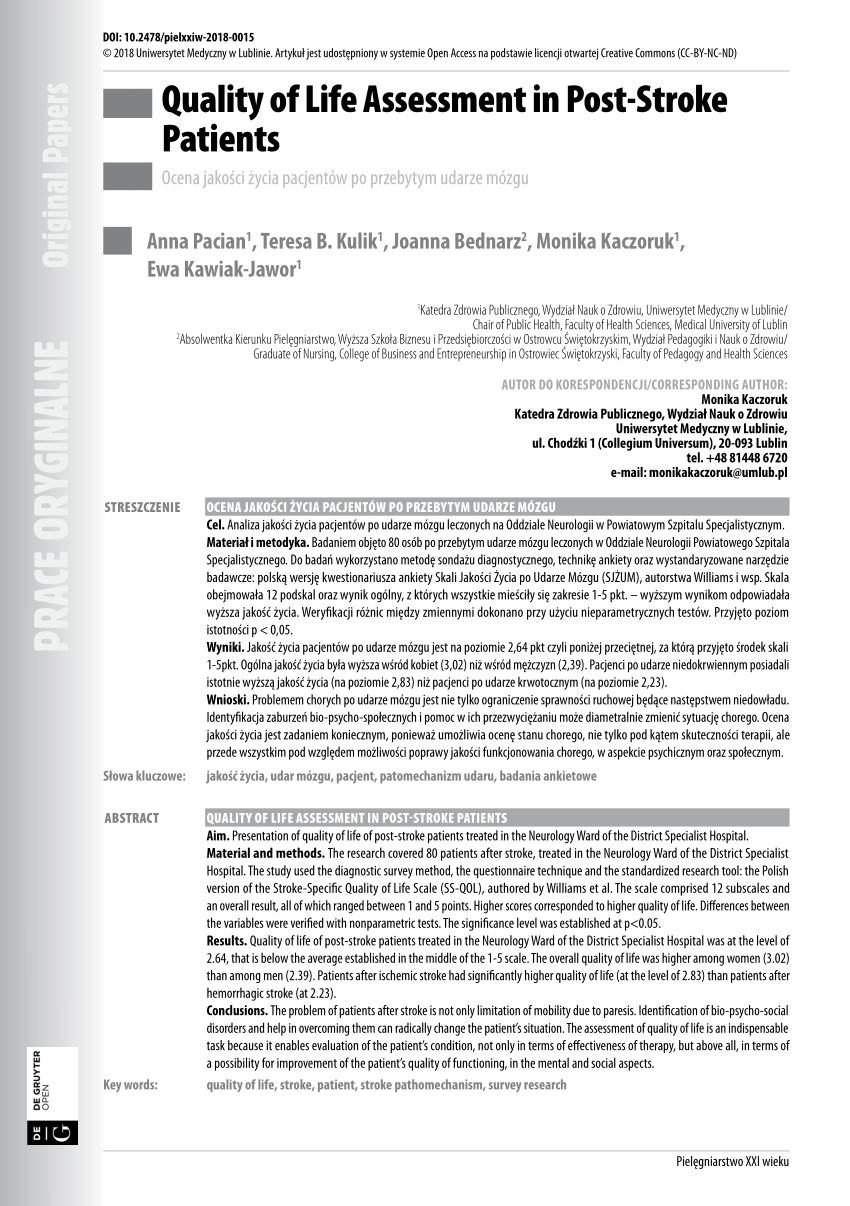 Pdf Quality Of Life Assessment In Post Stroke Patients 2621