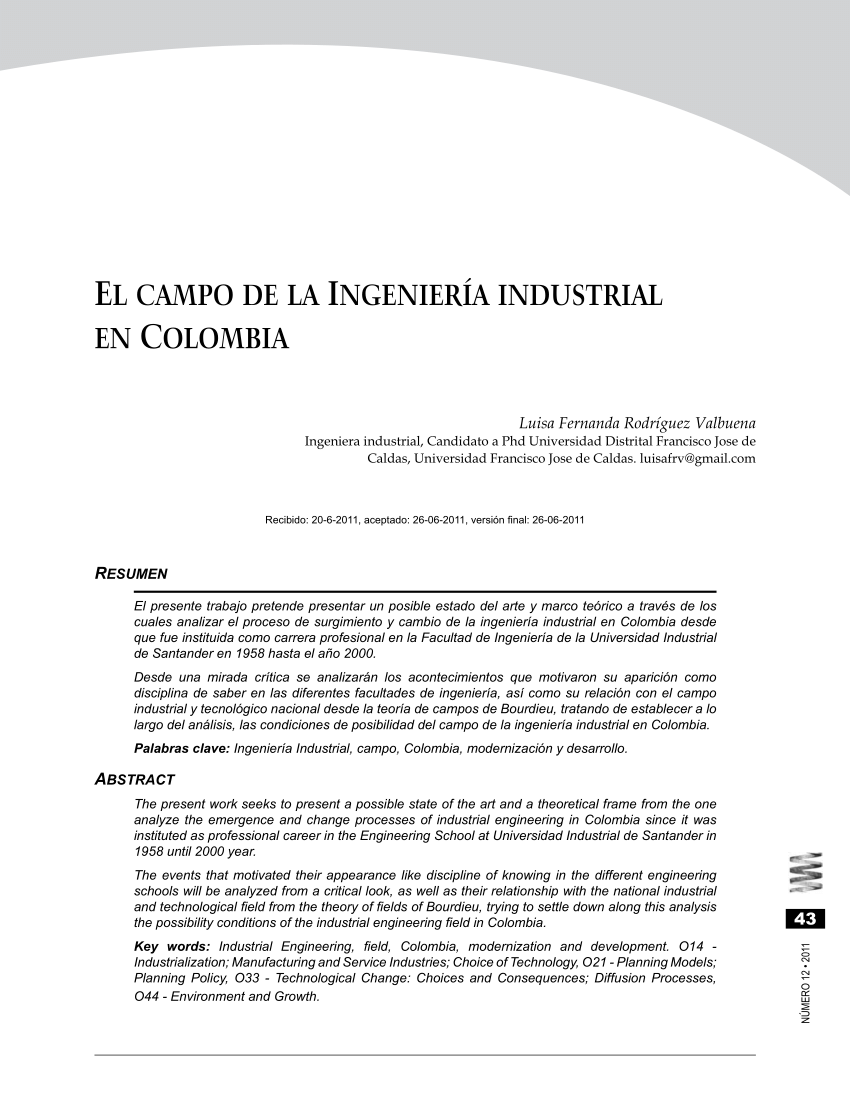 Pdf El Campo De La Ingenieria Industrial En Colombia