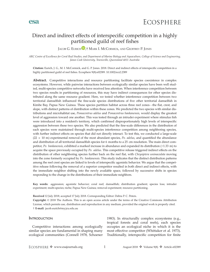 Pdf Direct And Indirect Effects Of Interspecific Competition In A Highly Partitioned Guild Of Reef Fishes