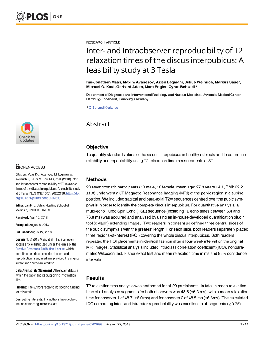 PDF) Inter- and Intraobserver reproducibility of T2 relaxation times the discus interpubicus: A feasibility study at 3