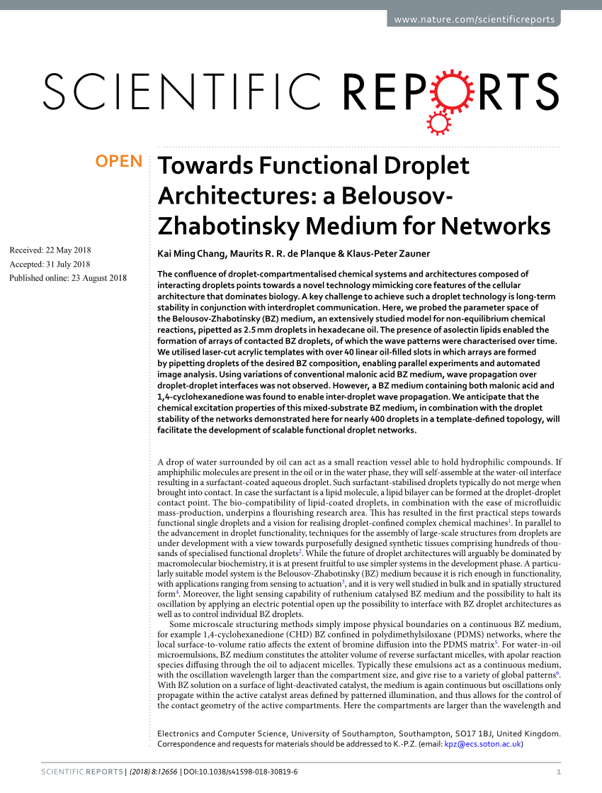 Pdf Towards Functional Droplet Architectures A Belousov Zhabotinsky Medium For Networks
